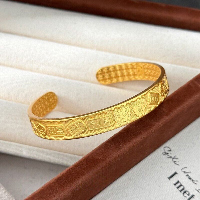 古法吉言手镯女实心宽面沙金彷真黄金实心正品千万两招财手环首饰