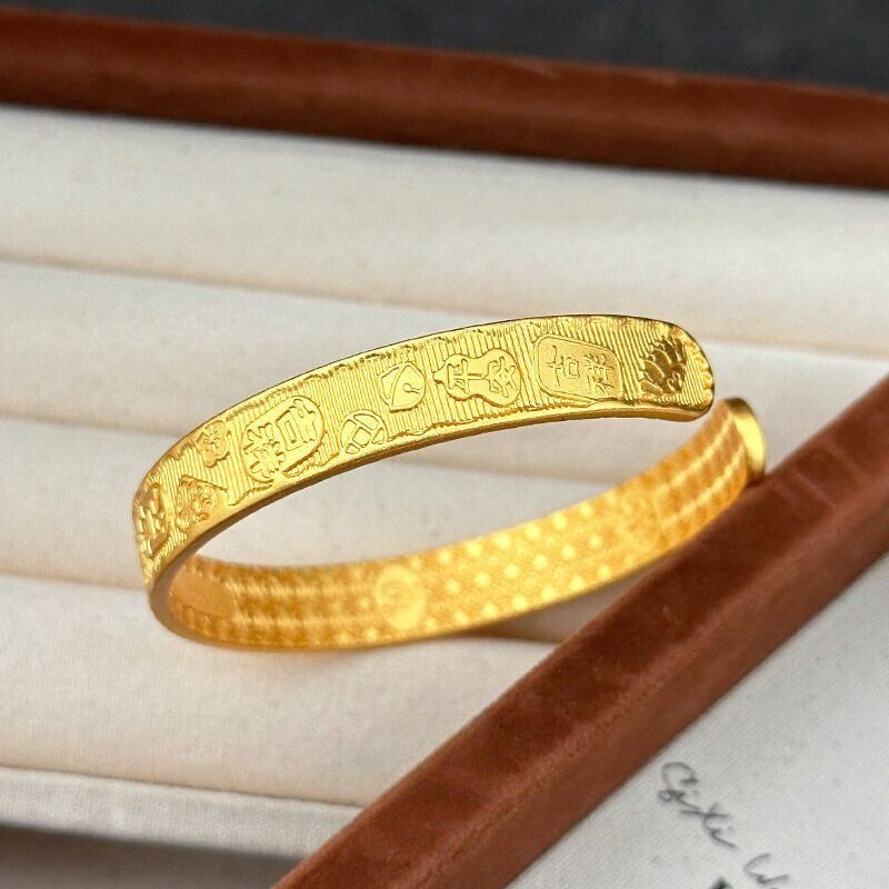 古法手工錾刻吉言招财手镯女士越南沙金仿真黄金实心正品宽面开口