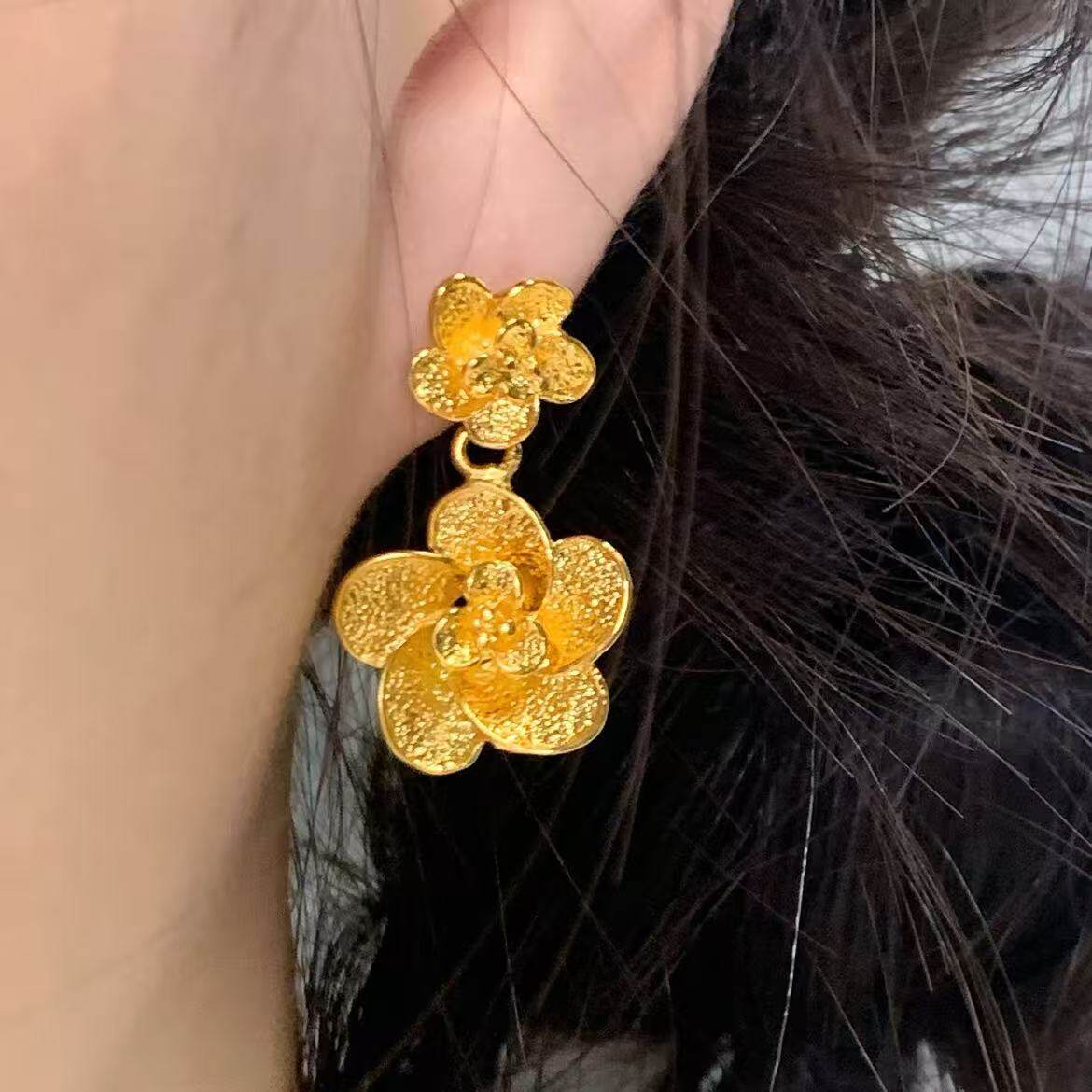 双层花朵耳钉彷真黄金沙