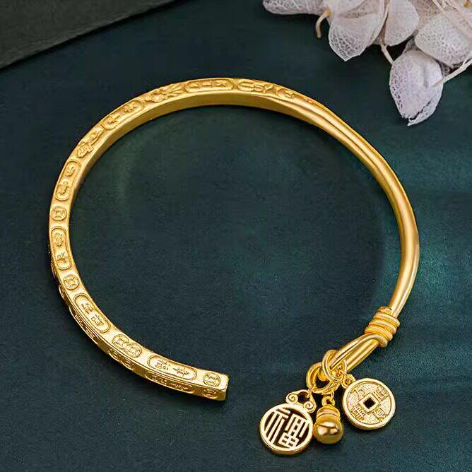 古法招财进宝福禄开口手镯女越南沙金仿真黄金实心正品不掉色首饰