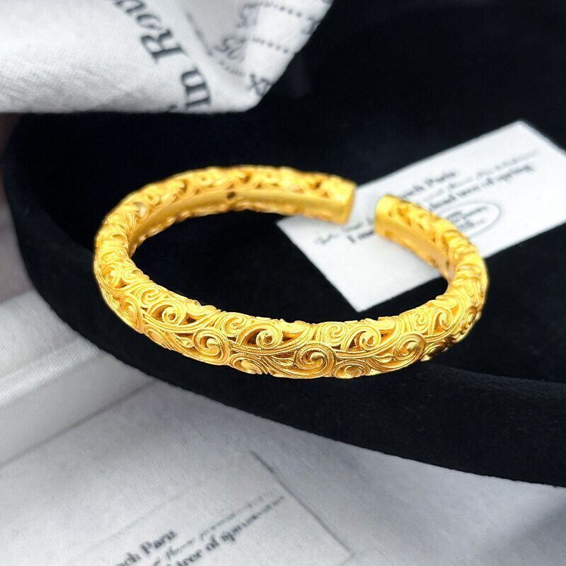 古法传承镂空花丝唐草纹手镯女士越南沙金仿真黄金结婚假三金首饰