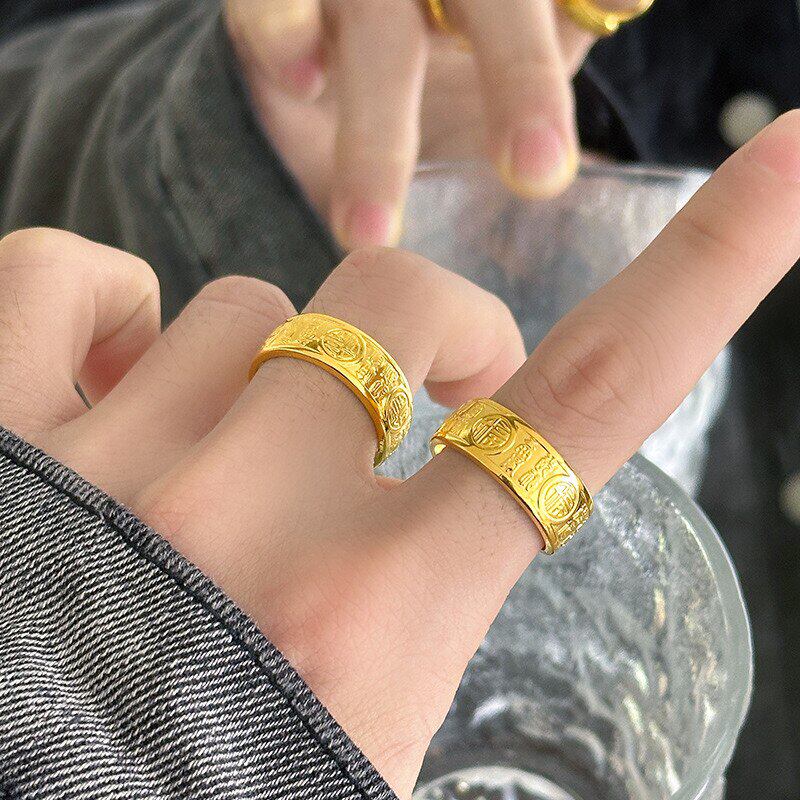 新款光面百福活口戒指男女同款轻奢小众设计越南沙金仿真黄金指环