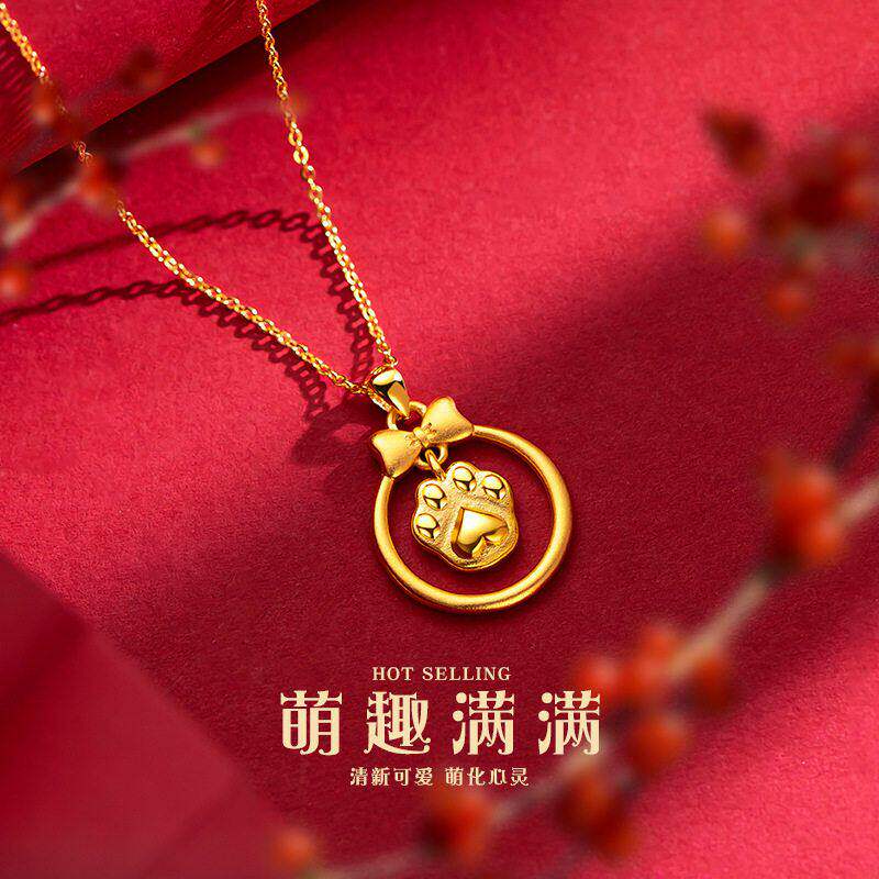 新款可爱蝴蝶结小猫爪吊坠项链女越南沙金仿真黄金不掉色秋冬配饰