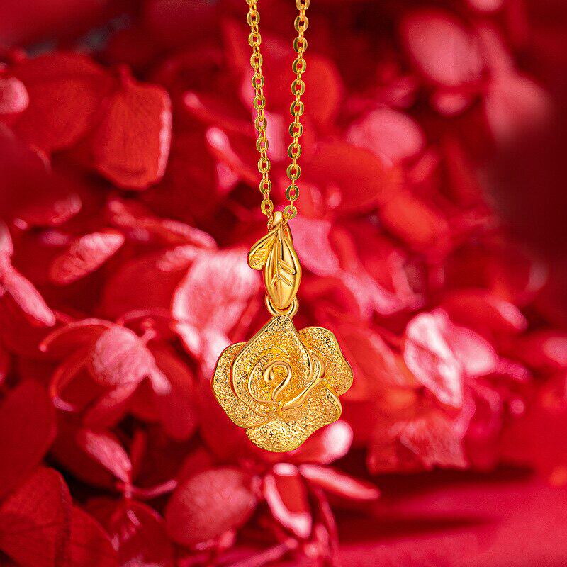 新款磨砂玫瑰花朵项链女士轻奢小众越南沙金仿真黄金正品结婚首饰