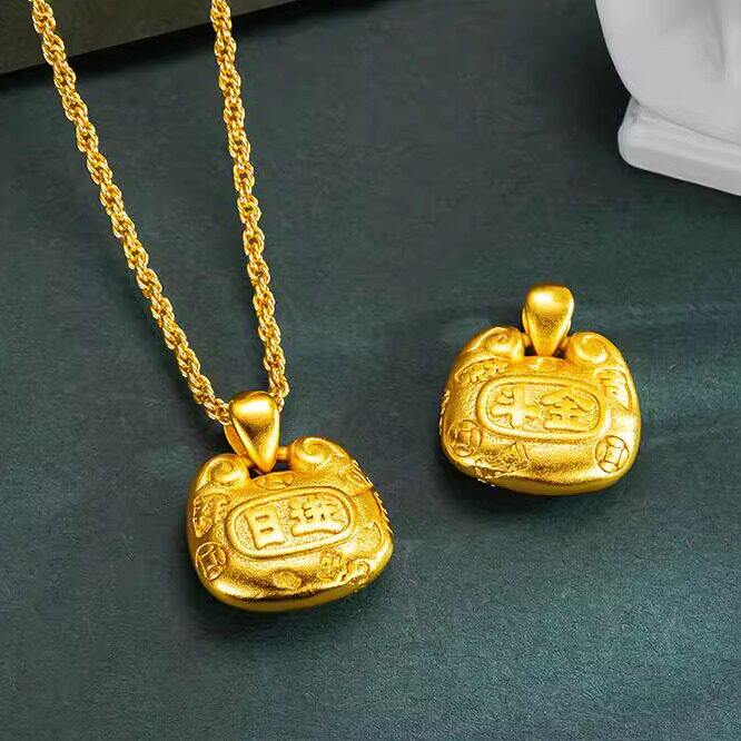 金店同款日进斗金锁包吊坠项链女越南沙金仿真黄金编织绳毛衣配饰