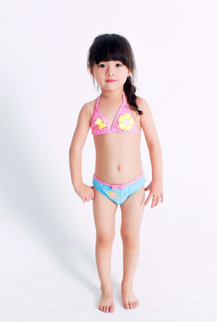 儿童泳衣女童比基尼泳衣时尚幼童比基尼女宝可爱立体花系带比基尼