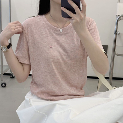 egg糖果色天丝羊毛短袖t恤女贝壳扣基础短袖宽松休闲正肩短袖上衣