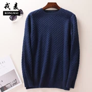 Mùa thu đông mới áo len cashmere nam 100% nguyên chất cashmere tròn cổ áo thun dài tay đan áo len chạm đáy kim cương thủy triều - Áo len Cashmere