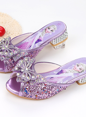 爱莎公主女童拖鞋夏季新款儿童高跟鞋水晶小女孩蓝色紫色粉色凉拖