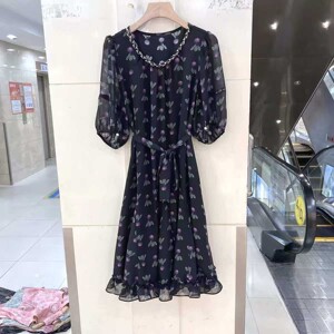 镶钻圆领泡泡袖小碎花雪纺连衣裙女夏季洋气质系带收腰显瘦鱼尾裙