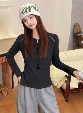 春秋季半拉链长袖T恤女秋冬修身显瘦时尚打底衫洋气百搭黑色上衣t