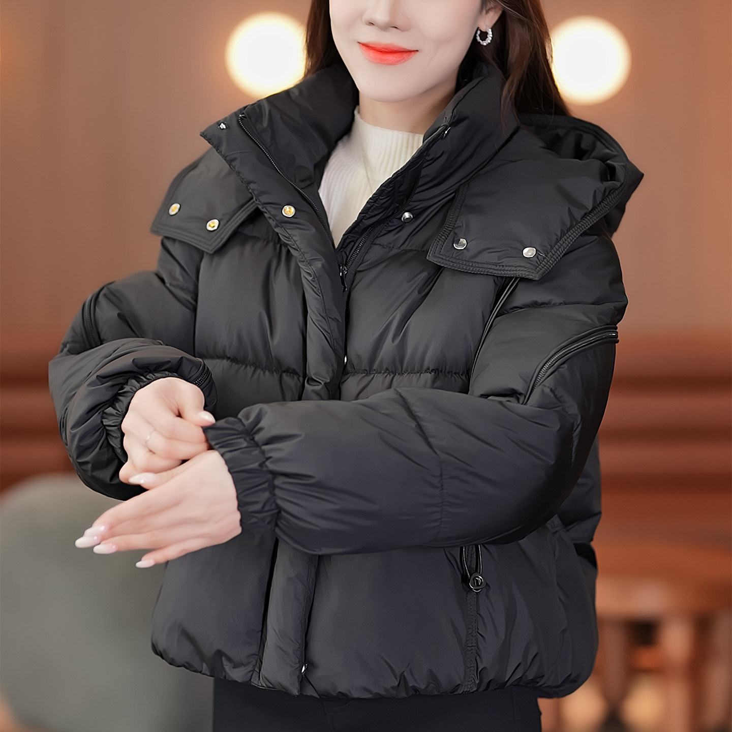 黑色短款棉服女士2025秋冬季新款小个子连帽面包服保暖厚外套棉袄