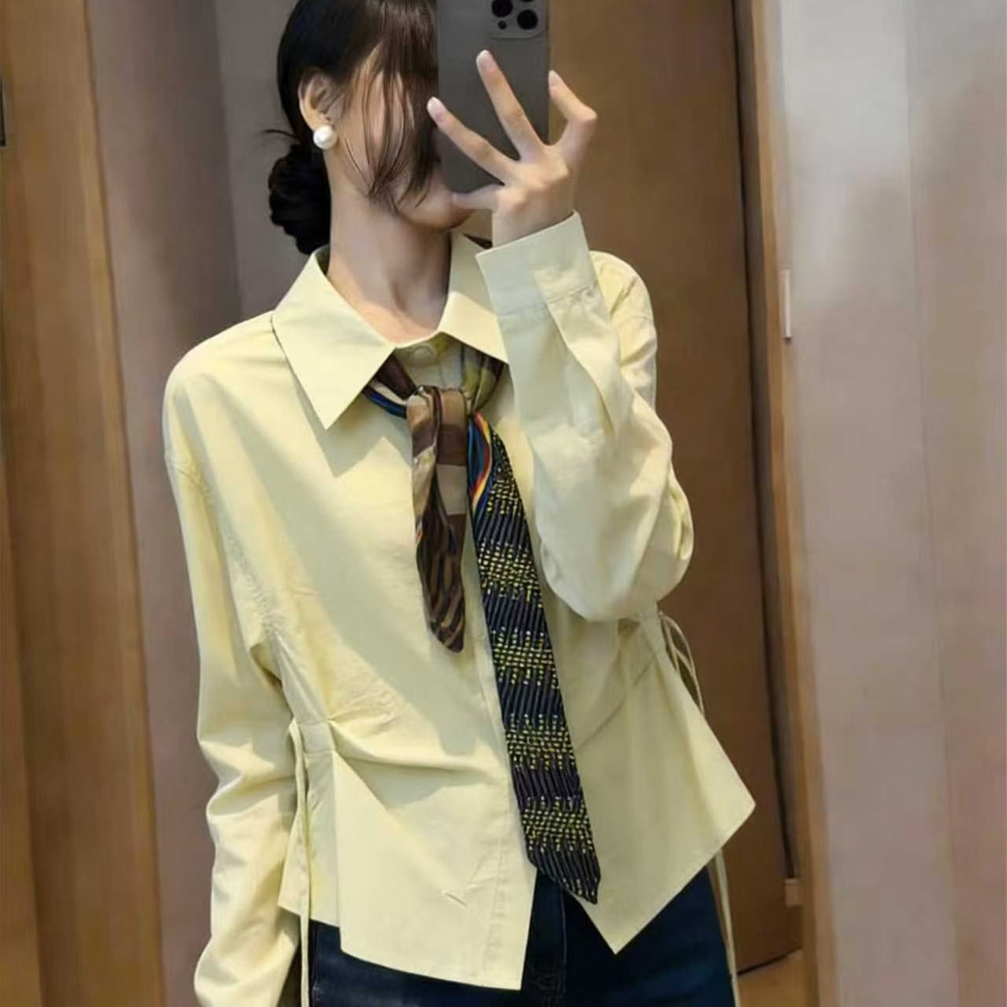 法式polo领收腰显瘦长袖衬衫女装