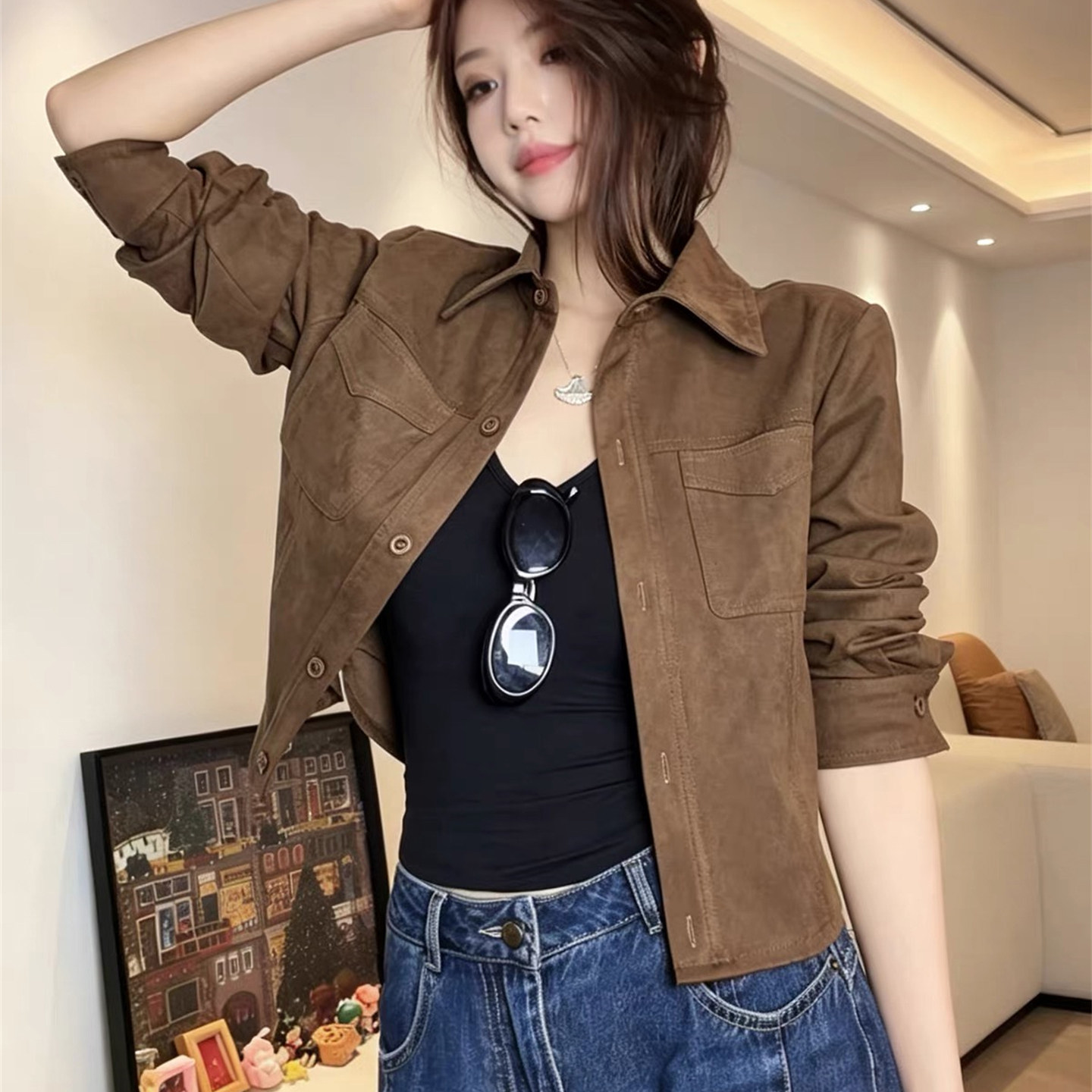复古麂皮翻领短外套女春秋装上衣