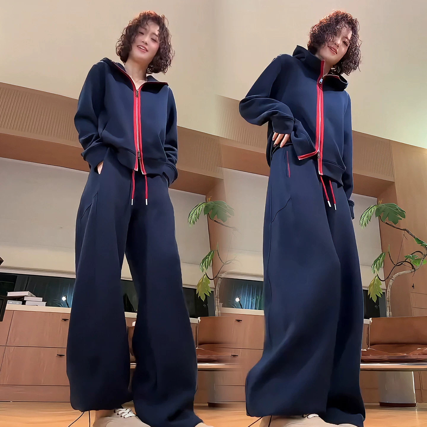 秋季洋气连帽卫衣阔腿两件套女