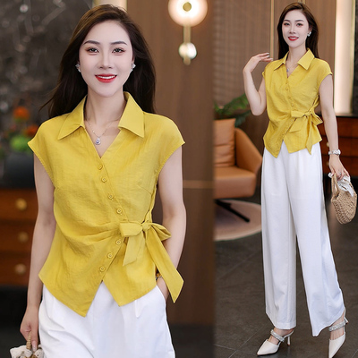 气质不规则纽扣系带收腰短袖衬衫