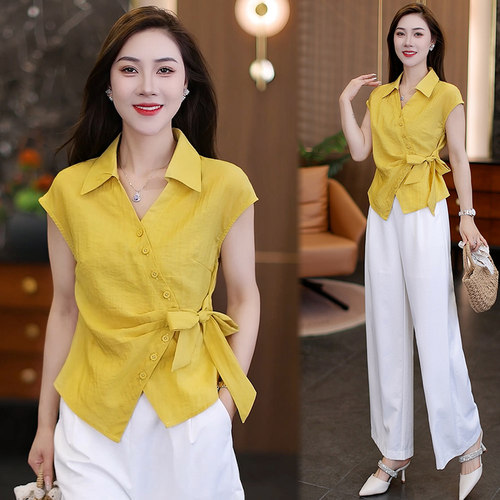 气质不规则纽扣系带收腰短袖衬衫