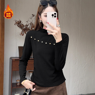 秋冬重工钉珠加绒加厚打底衫女半高领时尚内搭保暖t恤上衣洋气T恤
