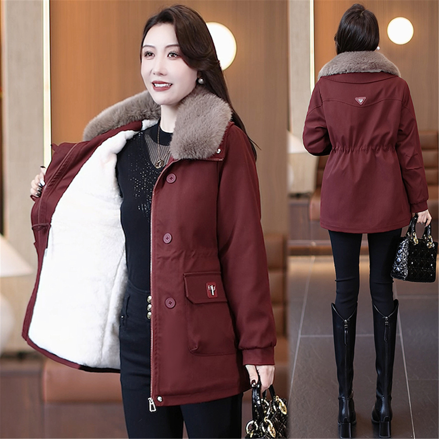 加绒加厚大毛领中长款派克服女冬季保暖宽松棉服外套减龄妈妈棉衣