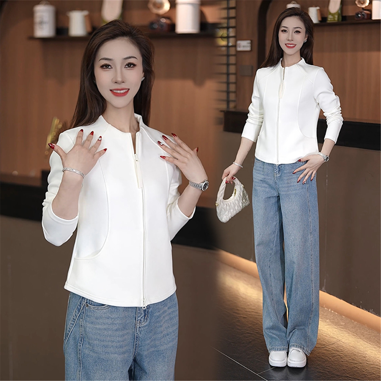 春季休闲白色立领显瘦短外套女装