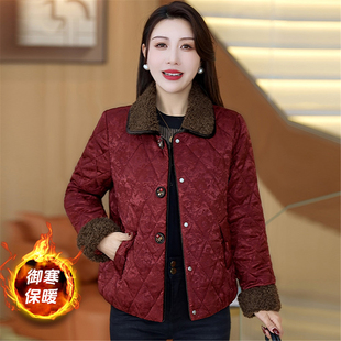 时尚菱形格棉服女冬季新款翻领加绒保暖显瘦短款中年妈妈棉袄外套