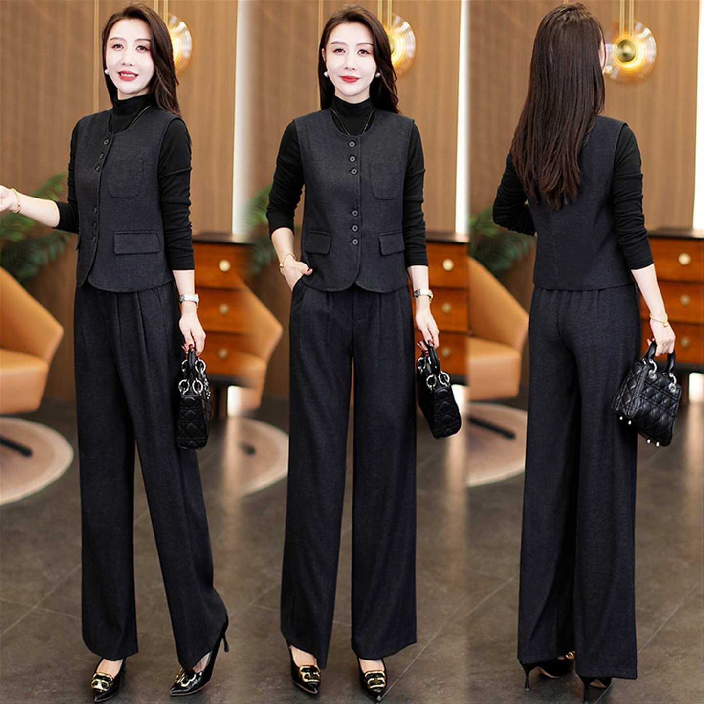 秋冬穿搭一整套高级感时尚名媛小香风女士马甲打底衫阔腿裤三件套