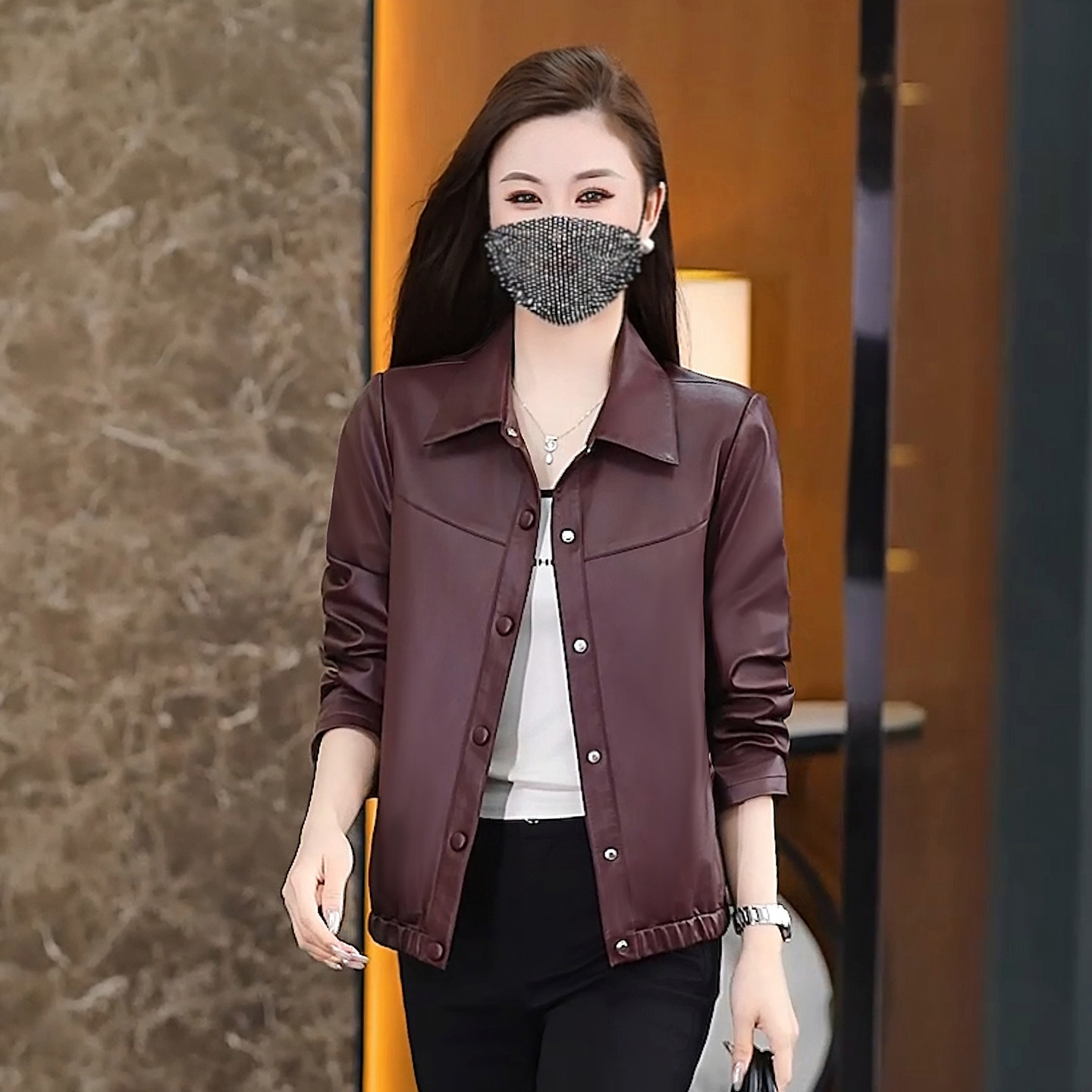 秋季短款PU机车皮衣外套女士显瘦