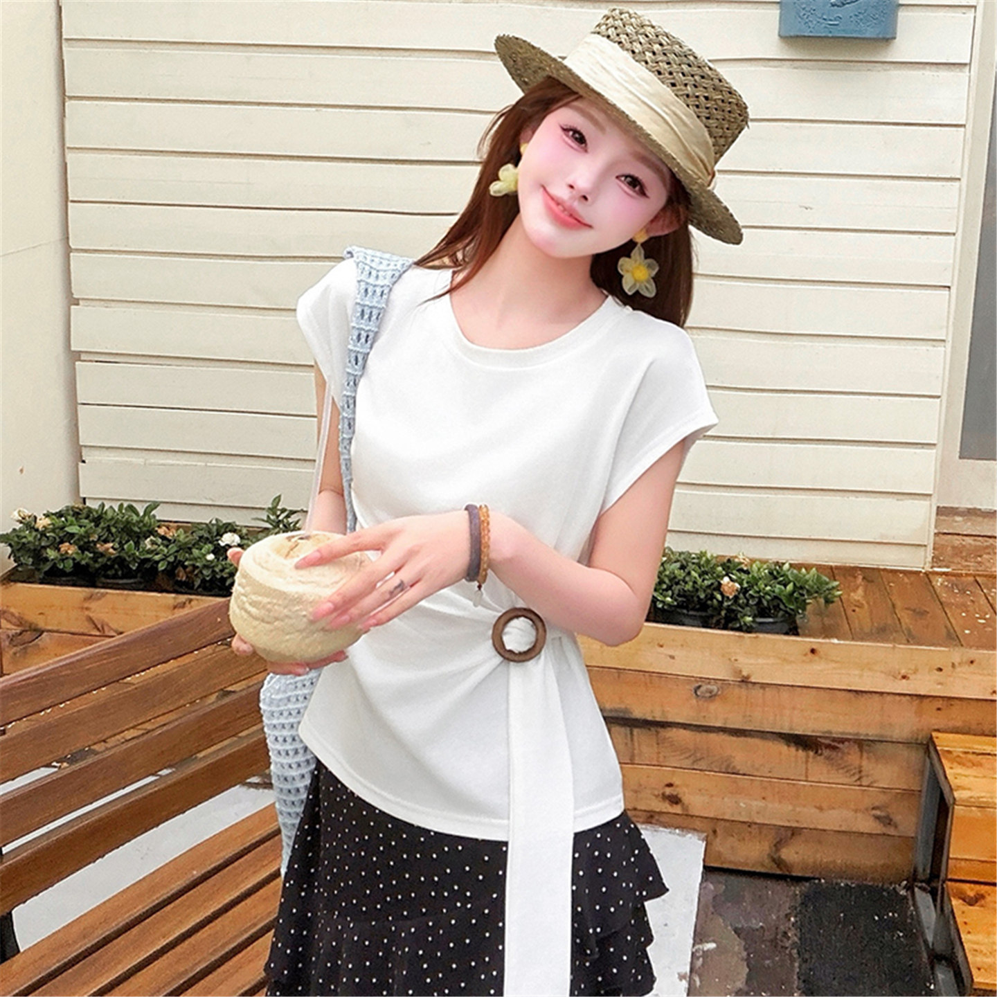 夏季轻奢扭结系带圆领短袖T恤女t