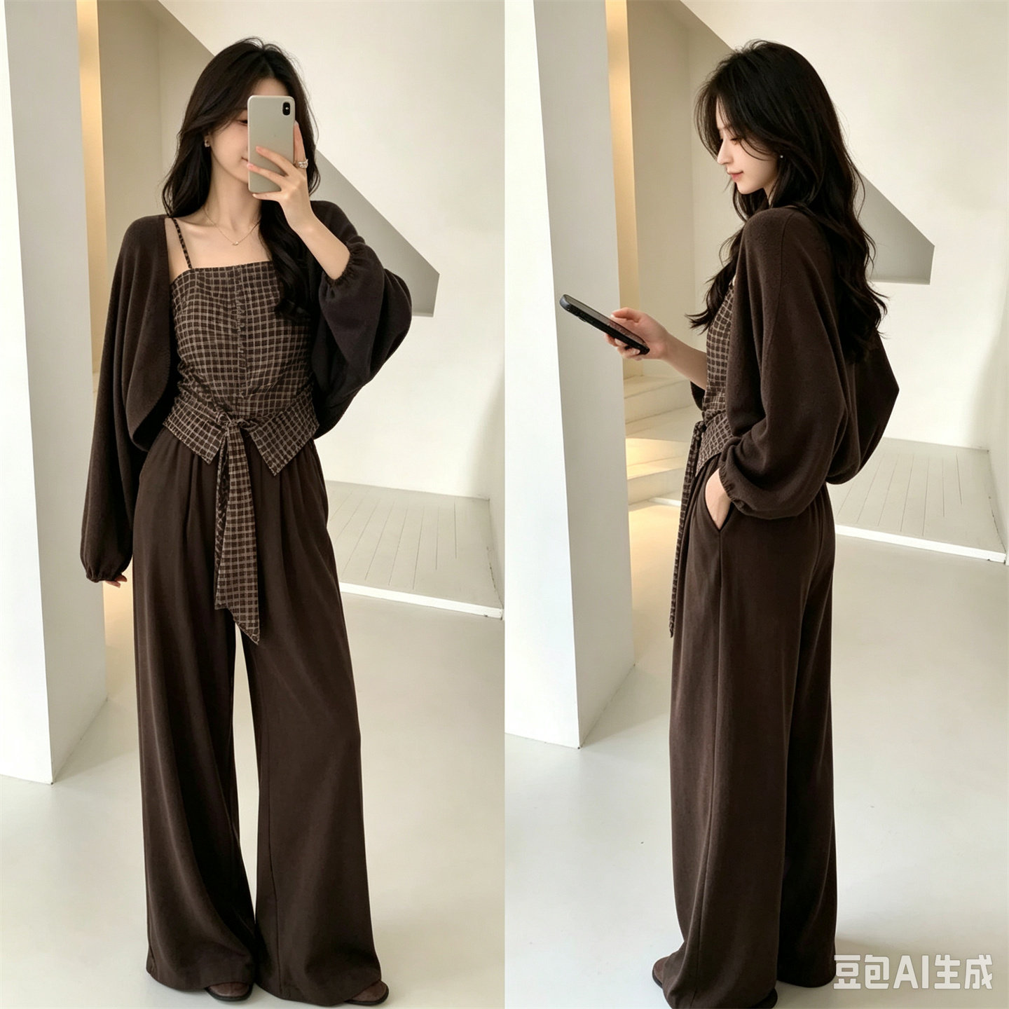 早秋松弛感格子吊带外披三件套女