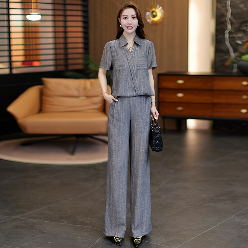 时尚复古宽松短袖上衣阔腿裤两件套女夏季薄款减龄时髦连体裤套装