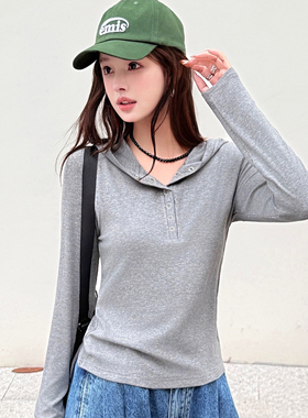 早初秋灰色带帽卫衣女长袖T恤上衣韩版时尚修身显瘦百搭打底小衫t