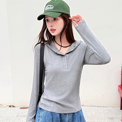 早秋灰色带帽卫衣女长袖T恤上衣t