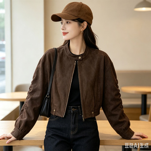 复古风立领麂皮绒短外套女士春秋季洋气小个子机车夹克高级感上衣