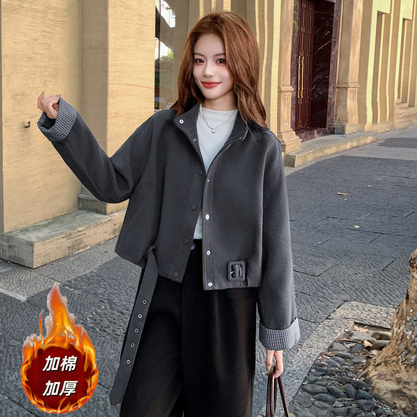 韩版立领短款毛呢外套女秋冬季加厚格纹拼接加棉呢子大衣百搭上衣