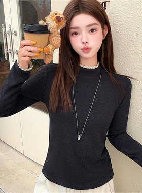 极简风半高领木耳边长袖T恤女秋冬黑色百搭显瘦打底衫洋气上衣t恤