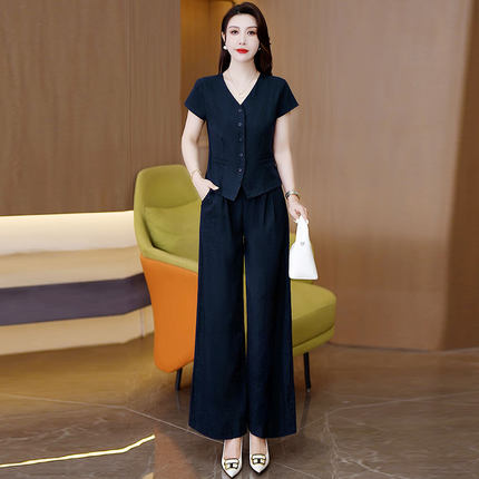 时尚棉麻套装女夏薄款洋气减龄显瘦百搭短袖上衣阔腿裤休闲两件套