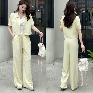 夏季薄款时尚牛仔套装女士时髦洋气减龄短袖上衣阔腿裤工装三件套