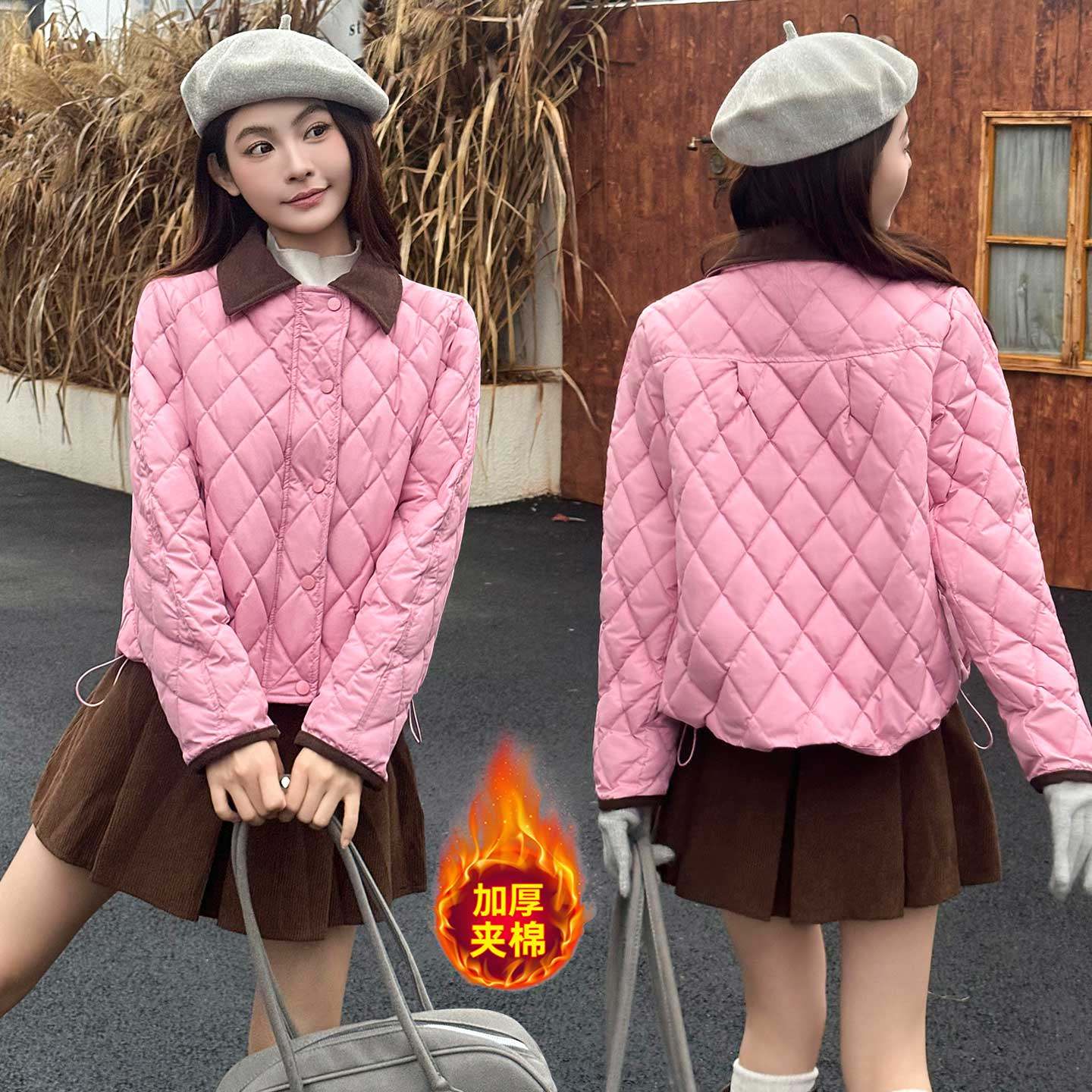 轻薄粉色格纹棉服女冬季短款翻领撞色保暖小个子加厚夹棉棉衣外套