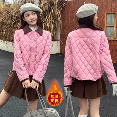 轻薄粉色格纹棉服女冬季短款外套