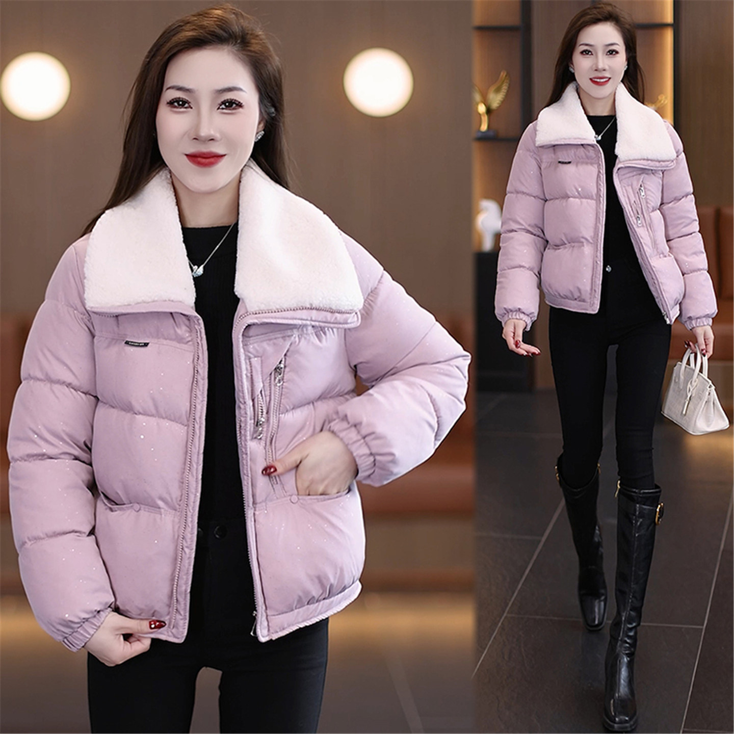 冬季羊羔毛翻领短款保暖显瘦棉服