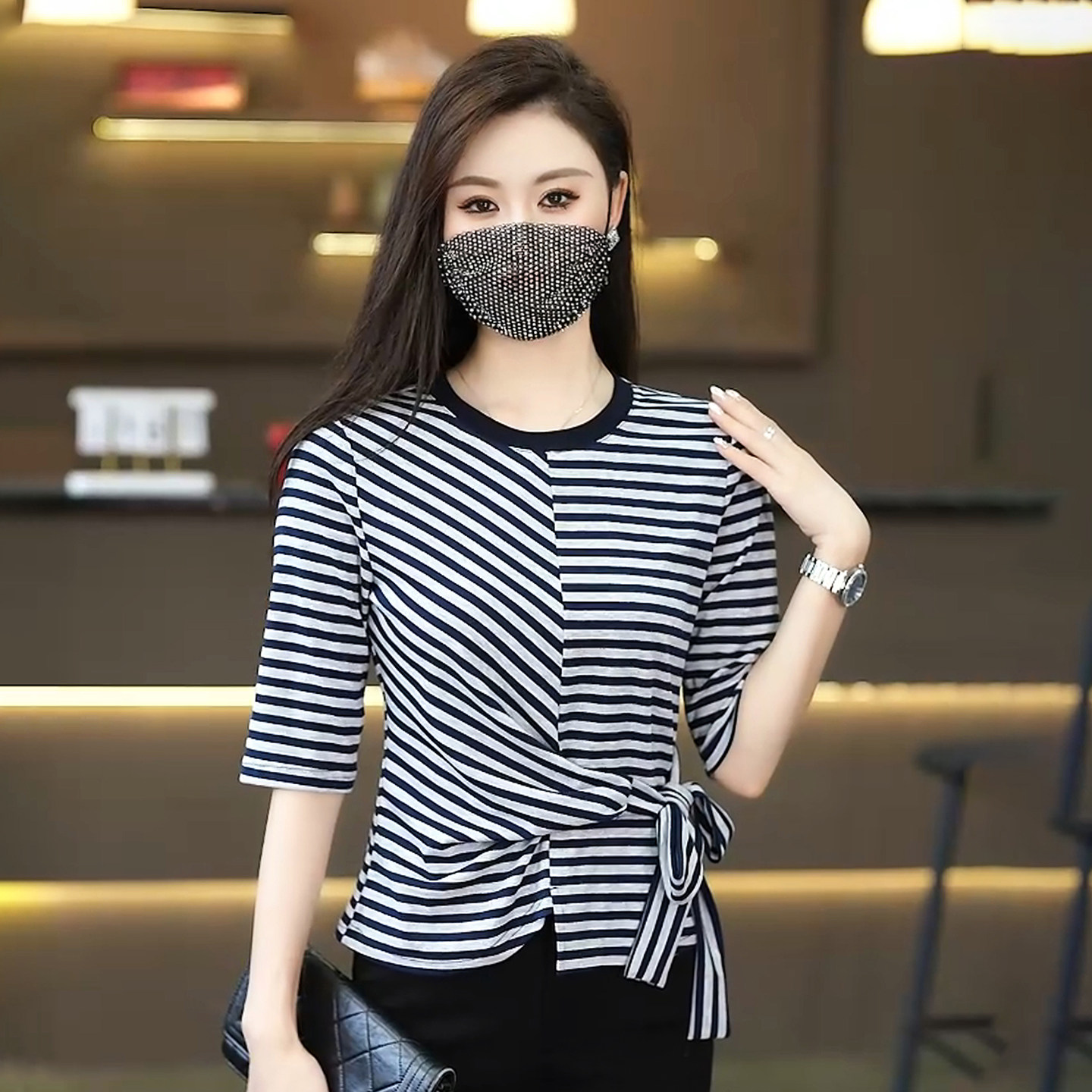 早秋五分袖条纹T恤女设计感上衣t