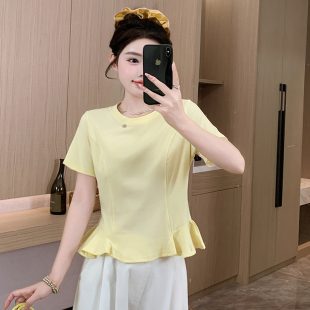 荷叶边下摆遮肚子显瘦T恤女夏季短袖上衣韩版时尚女士体恤百搭t恤
