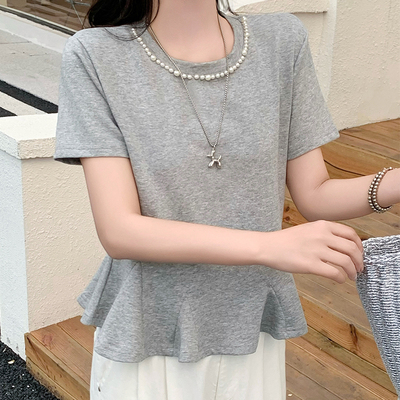 荷叶边下摆遮肚子显瘦短袖t恤女春夏季时尚圆领女士体恤百搭上衣t