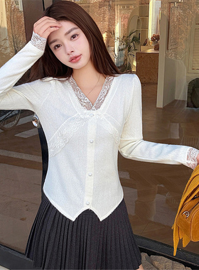 法式少淑风白色V领蕾丝拼接针织衫女秋冬洋气减龄上衣内搭打底衫T