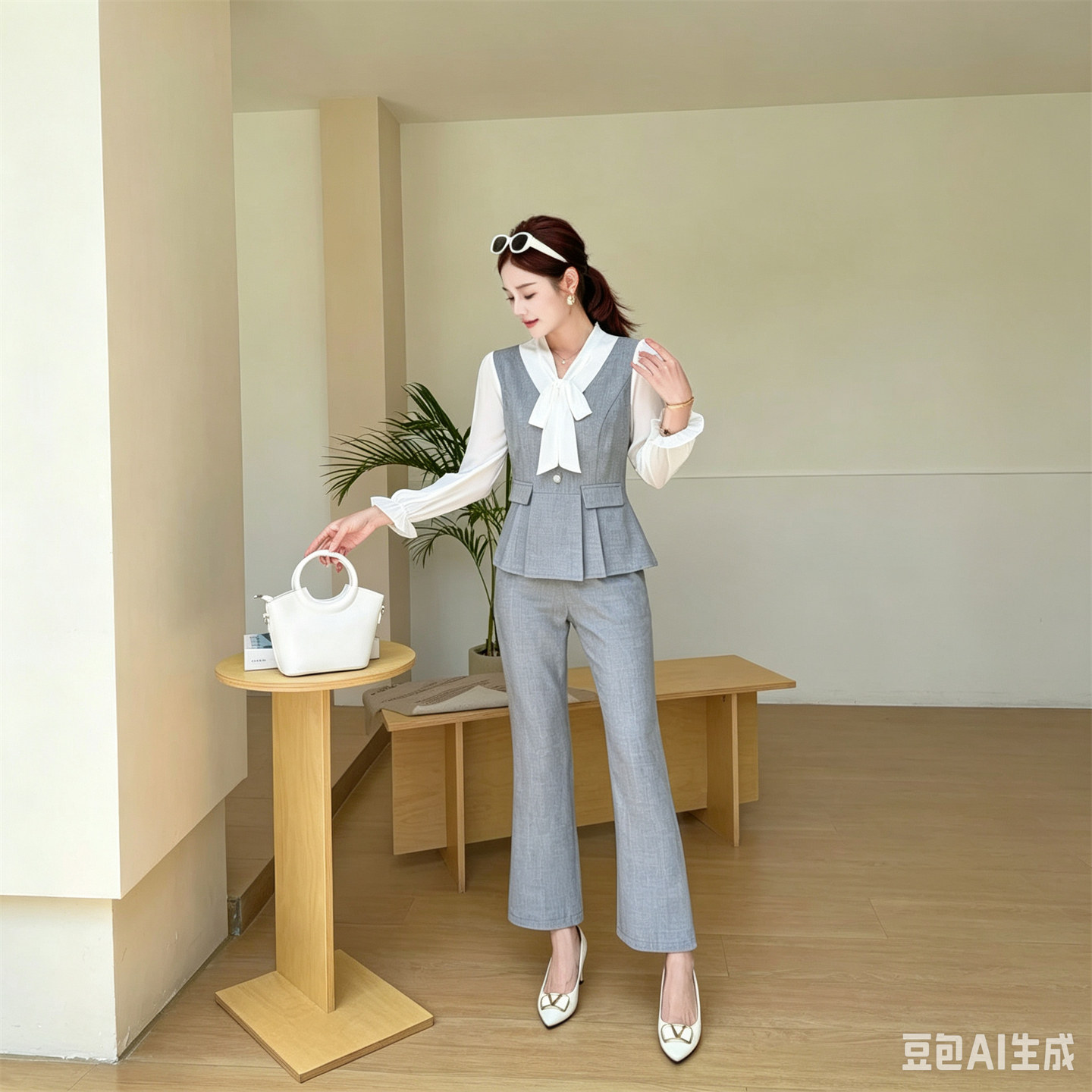 韩式假两件蝴蝶结马甲两件套女秋