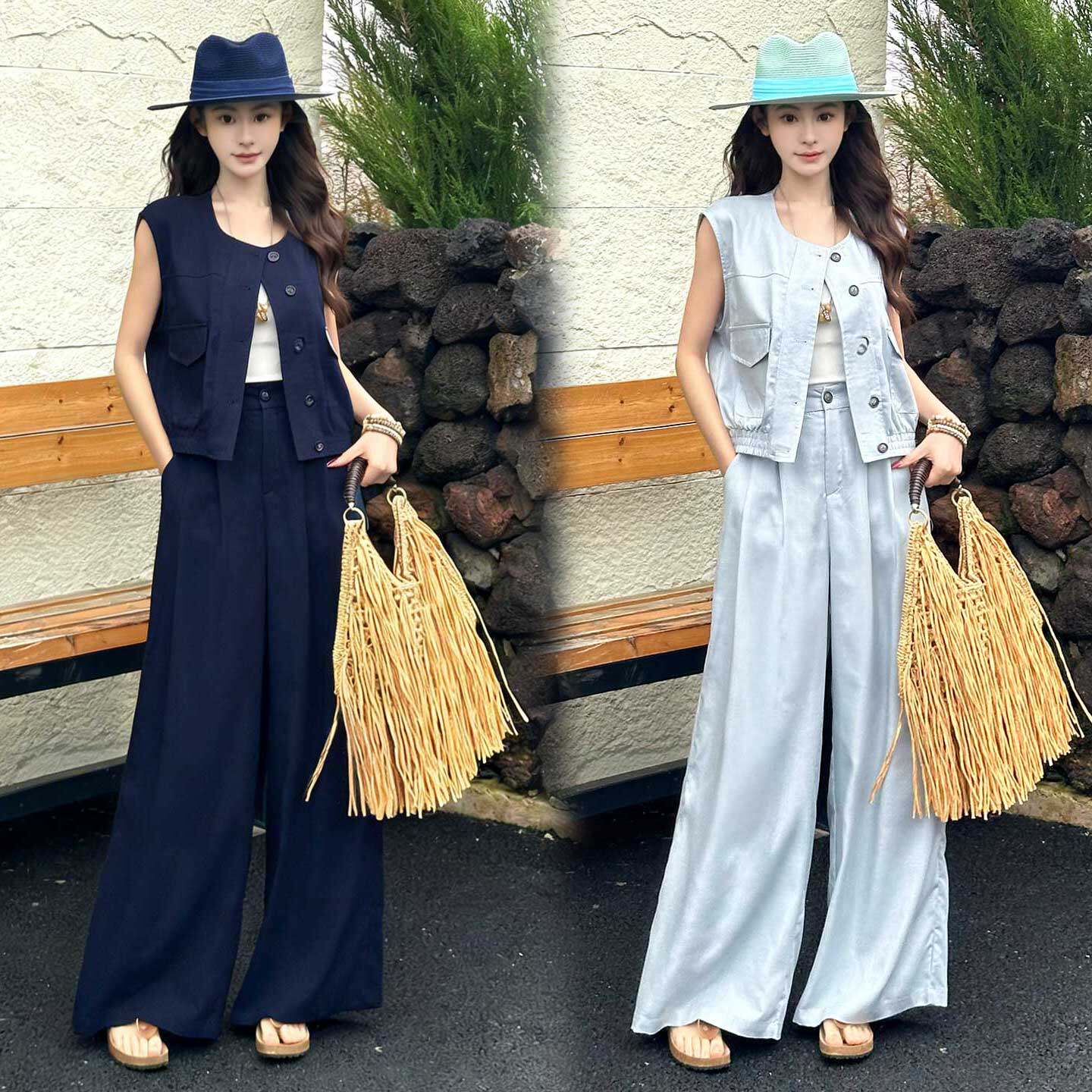 夏季通勤无袖马甲阔腿裤两件套装