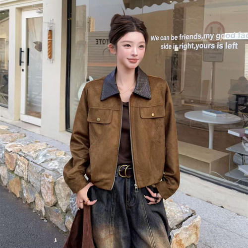 复古美拉德风麂皮绒翻领短外套女