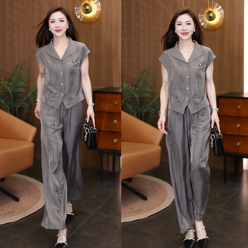 夏季天丝上衣显瘦阔腿裤两件套女