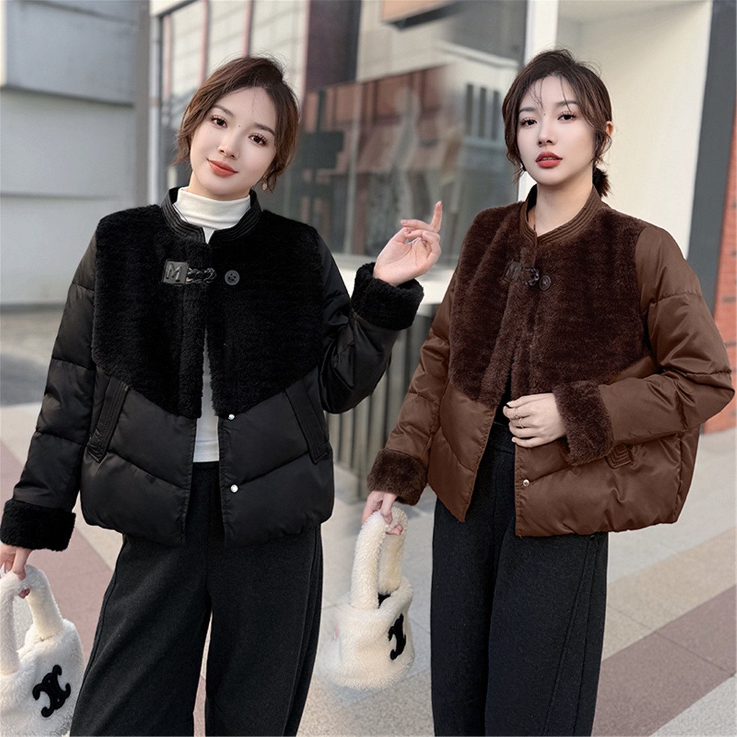 2025新款短款羊皮毛一体拼接羽绒服女冬季高级感立领保暖国风外套