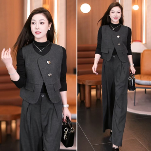 显瘦减龄通勤职业OL套装 轻奢风西装 三件套女春季 阔腿裤 马甲打底衫